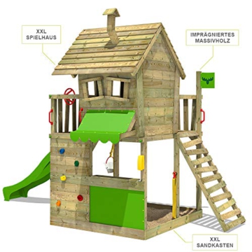 FATMOOSE Spielturm Klettergerüst GroovyGarden mit apfelgrüner Rutsche, Spielhaus mit Sandkasten, Leiter & Spiel-Zubehör - 2