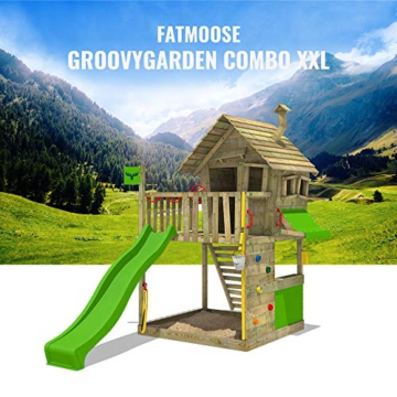 FATMOOSE Spielturm Klettergerüst GroovyGarden mit apfelgrüner Rutsche, Spielhaus mit Sandkasten, Leiter & Spiel-Zubehör - 4