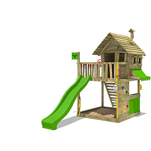 FATMOOSE Spielturm Klettergerüst GroovyGarden mit apfelgrüner Rutsche, Spielhaus mit Sandkasten, Leiter & Spiel-Zubehör - 1