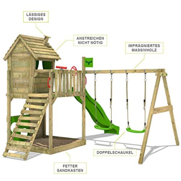 FATMOOSE Spielturm Klettergerüst HappyHome Hot mit Schaukel & apfelgrüner Rutsche, Outdoor Kinder Kletterturm mit Sandkasten Leiter & Spiel-Zubehör für den Garten - 2