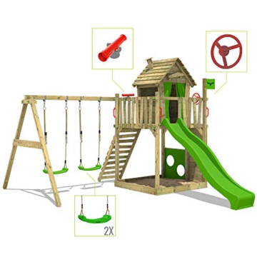 FATMOOSE Spielturm Klettergerüst HappyHome Hot mit Schaukel & apfelgrüner Rutsche, Outdoor Kinder Kletterturm mit Sandkasten Leiter & Spiel-Zubehör für den Garten - 3