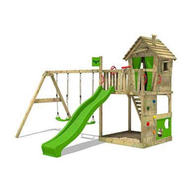 FATMOOSE Spielturm Klettergerüst HappyHome Hot mit Schaukel & apfelgrüner Rutsche, Outdoor Kinder Kletterturm mit Sandkasten Leiter & Spiel-Zubehör für den Garten - 1