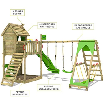 FATMOOSE Spielturm Klettergerüst HappyHome Hot mit SurfSwing, Schaukel & apfelgrüner Rutsche, Outdoor Kinder Kletterturm mit Sandkasten Leiter & Spiel-Zubehör für den Garten - 2