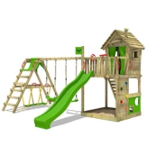 FATMOOSE Spielturm Klettergerüst HappyHome Hot mit SurfSwing, Schaukel & apfelgrüner Rutsche, Outdoor Kinder Kletterturm mit Sandkasten Leiter & Spiel-Zubehör für den Garten - 1