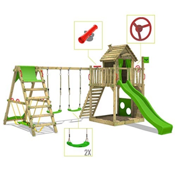 FATMOOSE Spielturm Klettergerüst HappyHome Hot mit SurfSwing, Schaukel & apfelgrüner Rutsche, Outdoor Kinder Kletterturm mit Sandkasten Leiter & Spiel-Zubehör für den Garten - 3