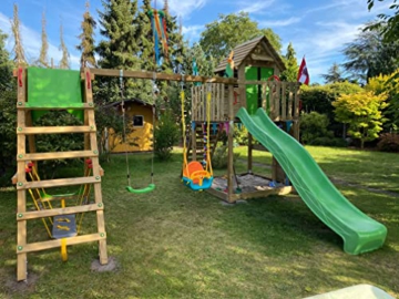 FATMOOSE Spielturm Klettergerüst HappyHome Hot mit SurfSwing, Schaukel & apfelgrüner Rutsche, Outdoor Kinder Kletterturm mit Sandkasten Leiter & Spiel-Zubehör für den Garten - 4