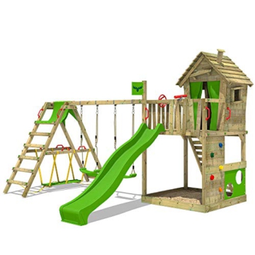 FATMOOSE Spielturm Klettergerüst HappyHome Hot mit SurfSwing, Schaukel & apfelgrüner Rutsche, Outdoor Kinder Kletterturm mit Sandkasten Leiter & Spiel-Zubehör für den Garten - 1