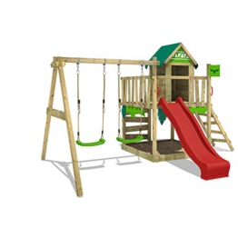 FATMOOSE Spielturm Klettergerüst JazzyJungle Jam XXL mit Schaukel & roter Rutsche, Outdoor Kinder Kletterturm mit Sandkasten Leiter & Spiel-Zubehör für den Garten - 1