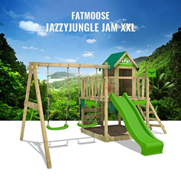 FATMOOSE Spielturm Klettergerüst JazzyJungle mit Schaukel & apfelgrüner Rutsche, Spielhaus mit Sandkasten, Leiter & Spiel-Zubehör - 4