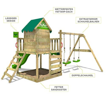 FATMOOSE Spielturm Klettergerüst JazzyJungle mit Schaukel & grüner Rutsche, Spielhaus mit Sandkasten, Leiter & Spiel-Zubehör - 2