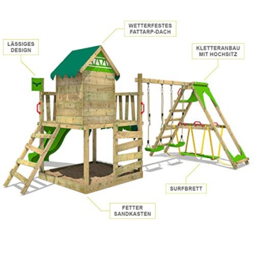 FATMOOSE Spielturm Klettergerüst JazzyJungle mit Schaukel SurfSwing & grüner Rutsche, Spielhaus mit Sandkasten, Leiter & Spiel-Zubehör - 2