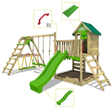 FATMOOSE Spielturm Klettergerüst JazzyJungle mit Schaukel SurfSwing & grüner Rutsche, Spielhaus mit Sandkasten, Leiter & Spiel-Zubehör - 3