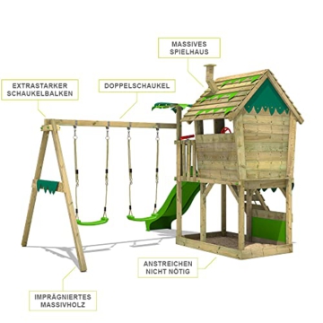 FATMOOSE Spielturm Klettergerüst JungleJumbo Joy mit Schaukel & grüner Rutsche, Outdoor Kinder Kletterturm mit Sandkasten Leiter & Spiel-Zubehör für den Garten - 2