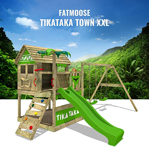 FATMOOSE Spielturm Klettergerüst TikaTaka mit Schaukel & apfelgrüner Rutsche, Stelzenhaus mit Sandkasten, Leiter & Spiel-Zubehör - 4
