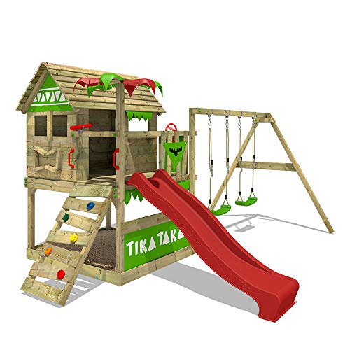 FATMOOSE Spielturm Klettergerüst TikaTaka mit Schaukel & roter Rutsche, Stelzenhaus mit Sandkasten, Leiter & Spiel-Zubehör - 1