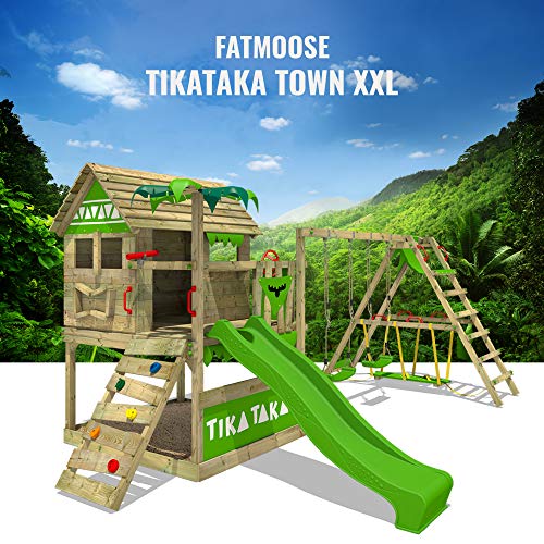 FATMOOSE Spielturm Klettergerüst TikaTaka mit Schaukel SurfSwing & apfelgrüner Rutsche, Stelzenhaus mit Sandkasten, Leiter & Spiel-Zubehör - 4