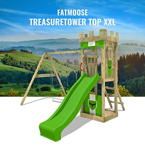 FATMOOSE Spielturm Klettergerüst TreasureTower mit Schaukel & apfelgrüner Rutsche, Kletterturm mit Sandkasten, Leiter & Spiel-Zubehör - 4