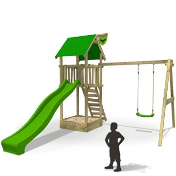 FATMOOSE Spielturm MagicMonkey Ultra XXL Kletterturm Baumhaus mit Schaukel und apfelgrüner Rutsche - 1
