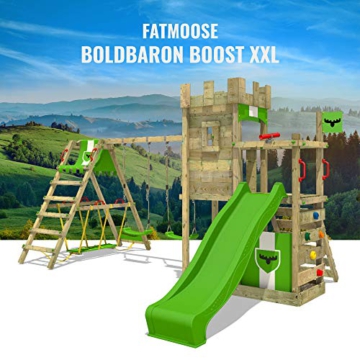 FATMOOSE Spielturm Ritterburg BoldBaron mit Schaukel, SurfSwing & apfelgrüner Rutsche, Spielhaus mit Sandkasten, Leiter & Spiel-Zubehör - 4
