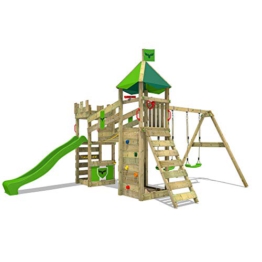 FATMOOSE Spielturm Ritterburg RiverRun Royal mit Schaukel & apfelgrüner Rutsche, Outdoor Kinder Kletterturm mit Sandkasten Leiter & Spiel-Zubehör für den Garten - 1