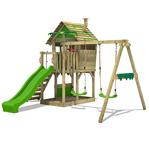 FATMOOSE Spielturm Stelzenhaus JungleJumbo mit Schaukel & apfelgrüner Rutsche, Spielhaus mit Sandkasten, Leiter & Spiel-Zubehör - 4