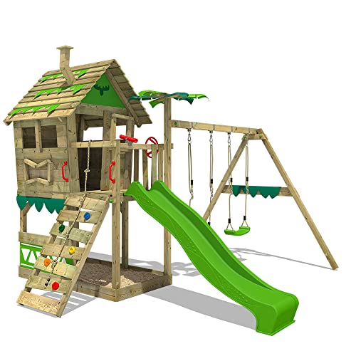 FATMOOSE Spielturm Stelzenhaus JungleJumbo mit Schaukel & apfelgrüner Rutsche, Spielhaus mit Sandkasten, Leiter & Spiel-Zubehör - 1
