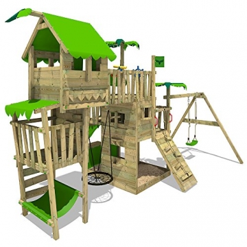FATMOOSE Spielturm TropicTemple Tall XXL Kletterturm Baumhaus Spielplatz auf 5 Ebenen, Nestschaukel, Rutsche, Schaukel, Sandkasten, Kletterleiter und Hängematte - 