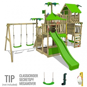 FATMOOSE Spielturm TropicTemple Tall XXL Kletterturm Baumhaus Spielplatz auf 5 Ebenen, Nestschaukel, Rutsche, Schaukel, Sandkasten, Kletterleiter und Hängematte - 