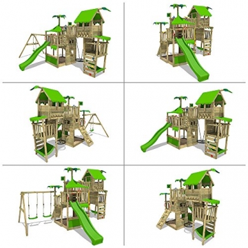 FATMOOSE Spielturm TropicTemple Tall XXL Kletterturm Baumhaus Spielplatz auf 5 Ebenen, Nestschaukel, Rutsche, Schaukel, Sandkasten, Kletterleiter und Hängematte - 