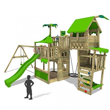FATMOOSE Spielturm TropicTemple Tall XXL Kletterturm Baumhaus Spielplatz auf 5 Ebenen, Nestschaukel, Rutsche, Schaukel, Sandkasten, Kletterleiter und Hängematte -