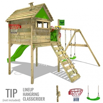 FATMOOSE Stelzenhaus FunFactory Fit XXL Spielturm Baumhaus Spielhaus mit Doppelschaukel und apfelgrüner Rutsche - 