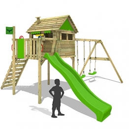 FATMOOSE Stelzenhaus FunFactory Fit XXL Spielturm Baumhaus Spielhaus mit Doppelschaukel und apfelgrüner Rutsche -