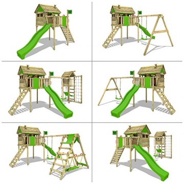 FATMOOSE Stelzenhaus FunFactory Fit XXL Spielturm Baumhaus Spielhaus mit Doppelschaukel und apfelgrüner Rutsche - 