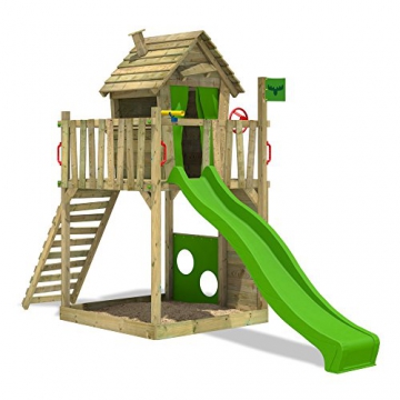 FATMOOSE Stelzenhaus HappyHome Hot XXL Spielturm Kletterturm Spielhaus auf Podest mit Holzdach, Kletterwand, Sandkasten, Torwand und Rutsche - 2