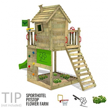 FATMOOSE Stelzenhaus HappyHome Hot XXL Spielturm Kletterturm Spielhaus auf Podest mit Holzdach, Kletterwand, Sandkasten, Torwand und Rutsche - 3