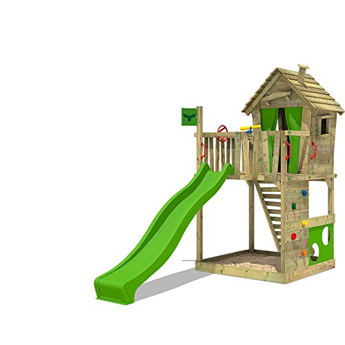 FATMOOSE Stelzenhaus HappyHome Hot XXL Spielturm Kletterturm Spielhaus auf Podest mit Holzdach, Kletterwand, Sandkasten, Torwand und Rutsche - 1