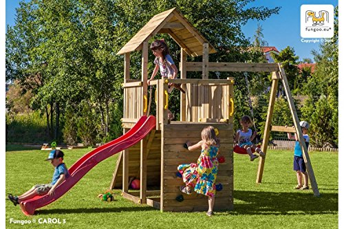 Fungoo Spielturm Carol 3 Kletterhaus mit Rutsche, Schaukel, Kletterwand