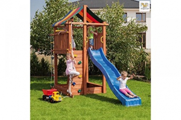 Fungoo Spielturm PARADISE mit Rutsche, Sandkasten, Kletterwand, Kletterseil und Strickleiter - Blau - 1