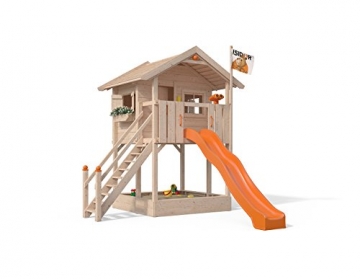 ISIDOR Spielturm FRIDOLINO Schaukelanbau mit XXL Rutsche in orange, Sandkasten, Balkon und Sicherheitstreppe auf 1,50 Meter Podesthöhe - 1