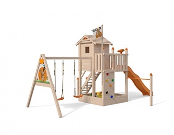 ISIDOR Spielturm Giraffico Aufstiegsauswahl (Leiter, Rampe, Treppe) und Schaukelanbau, Rutsche, Reckstange, hissbarer Fahne und Kletterwand auf 1,50 Meter Podesthöhe (Sicherheitstreppe, Orange) - 2