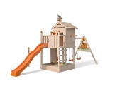 ISIDOR Spielturm Giraffico Aufstiegsauswahl (Leiter, Rampe, Treppe) und Schaukelanbau, Rutsche, Reckstange, hissbarer Fahne und Kletterwand auf 1,50 Meter Podesthöhe (Sprossenleiter, Orange) - 1