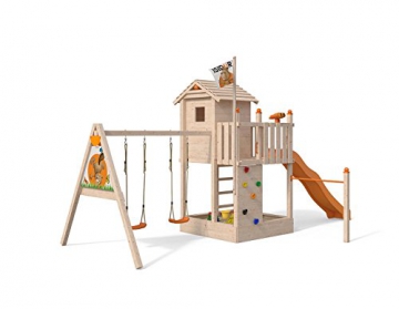 ISIDOR Spielturm Giraffico Aufstiegsauswahl (Leiter, Rampe, Treppe) und Schaukelanbau, Rutsche, Reckstange, hissbarer Fahne und Kletterwand auf 1,50 Meter Podesthöhe (Sprossenleiter, Orange) - 2
