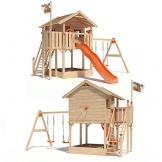 ISIDOR WONDER WOW Spielturm Kletterturm Baumhaus Rutsche Schaukeln Treppe 1,50m (einfacher Schaukelanbau, Orange) -