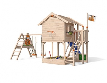ISIDOR Wonder Wow Spielturm mit erweitertem Schaukelanbau, XXL Rutsche, Sandkasten, Balkon, Treppe auf 1,50 m Podesthöhe (Blau) - 2