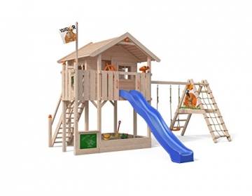 ISIDOR Wonder Wow Spielturm mit erweitertem Schaukelanbau, XXL Rutsche, Sandkasten, Balkon, Treppe auf 1,50 m Podesthöhe (Blau) - 1