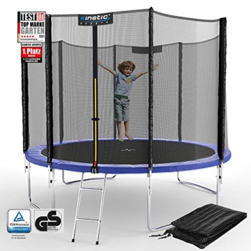 Kinetic Sports Outdoor Gartentrampolin Ø 305 cm, TPLS10, inklusive Sprungtuch aus USA PP-Mesh +Sicherheitsnetz +Rand- u. Regen-Abdeckung +Leiter, bis 160kg, GS-geprüft, UV-beständig, BLAU - 1