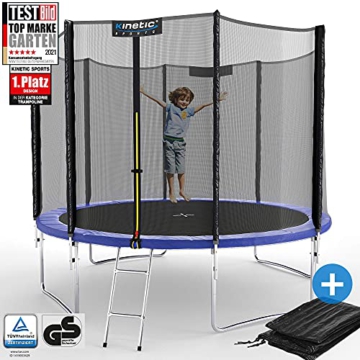 Kinetic Sports Outdoor Gartentrampolin Ø 305 cm, TPLS10, inklusive Sprungtuch aus USA PP-Mesh +Sicherheitsnetz +Rand- u. Regen-Abdeckung +Leiter, bis 160kg, GS-geprüft, UV-beständig, BLAU - 7