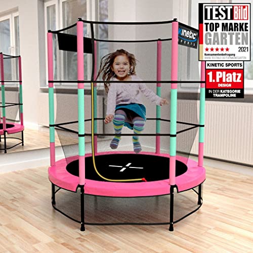 Kinetic Sports Trampolin Kinder Indoortrampolin Jumper 140 cm Randabdeckung Stangen gepolstert, Gummiseil-Federung Sicherheitsnetz Pink - 2