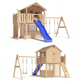 MAXIMO Spielturm Baumhaus Stelzenhaus mit Doppelschaukel, Kletterrampe, Basketballkorb und Rutsche auf 1,50m Podesthöhe -