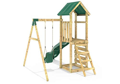 REBO Abenteuer Klettergerüst mit Babyschaukel und Rutsche aus Holz Spielturm Satteldach - 4